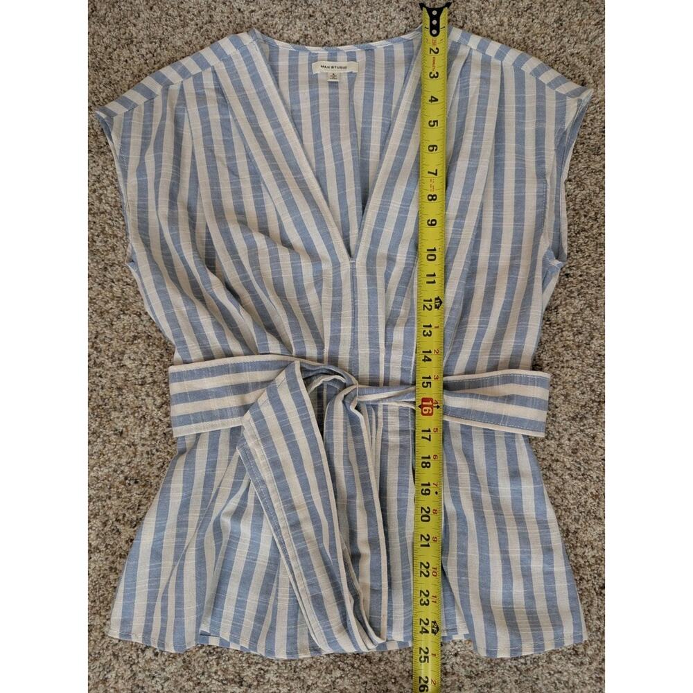 Max Studio Women's V-neck Sleeveless Blue White Striped Belted Blouse Size Small - Picture 8 of 12